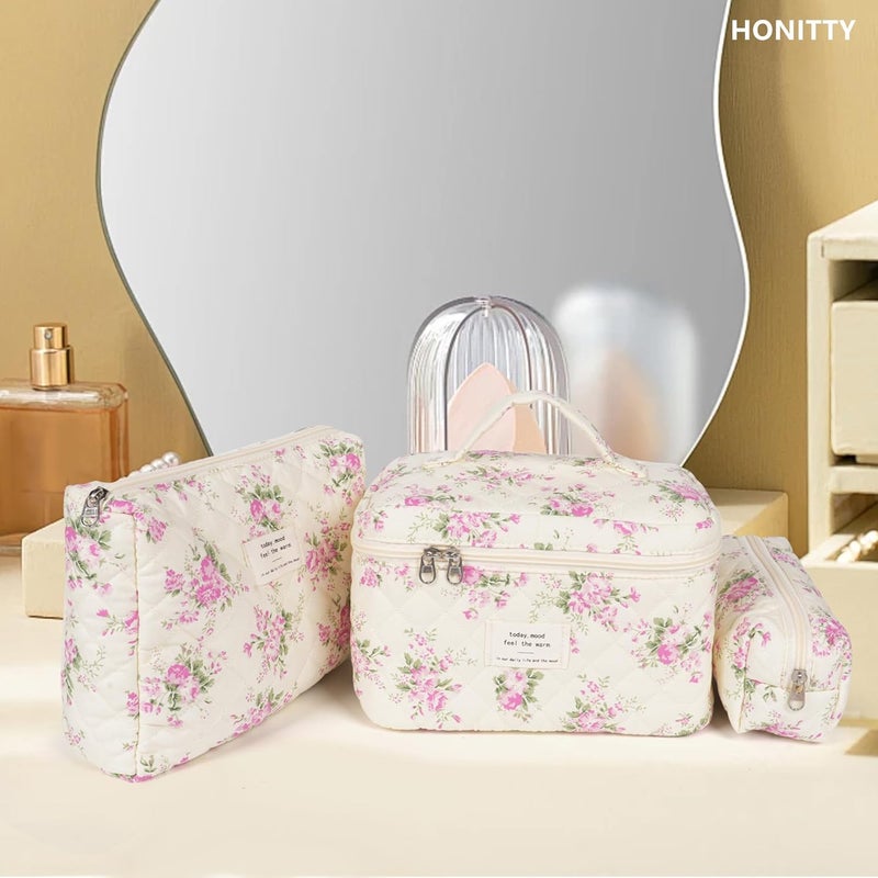 honitty Makeup Bag,Quilted Cosmetic Bags,Large Floral Make Up Organize bag,Makeup Bag Set for Women,Flower Travel Toiletry Bag - Image 5